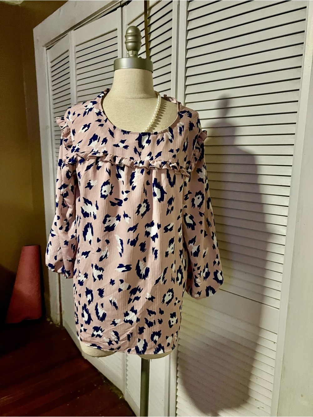 Juicy Couture Pink Ruffle Yoke Printed Blouse with Navy Spots